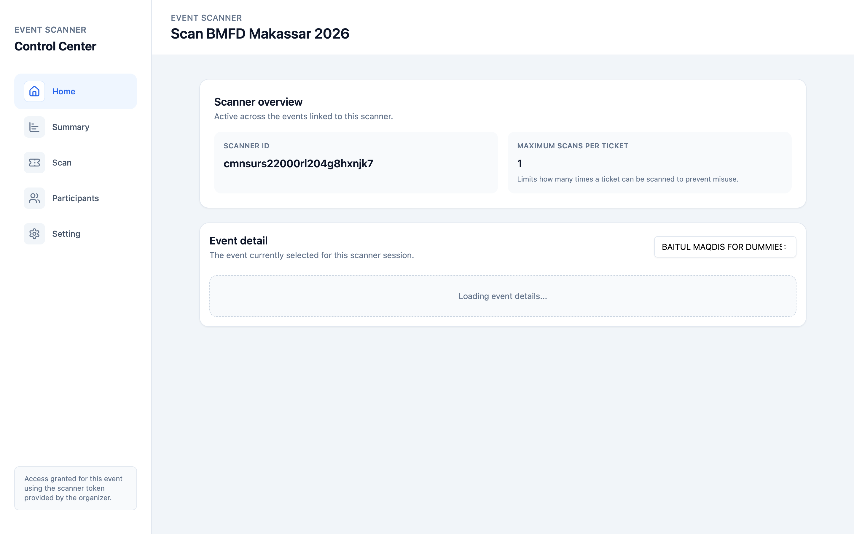 Halaman utama Event Scanner menampilkan Scanner overview dan Event detail