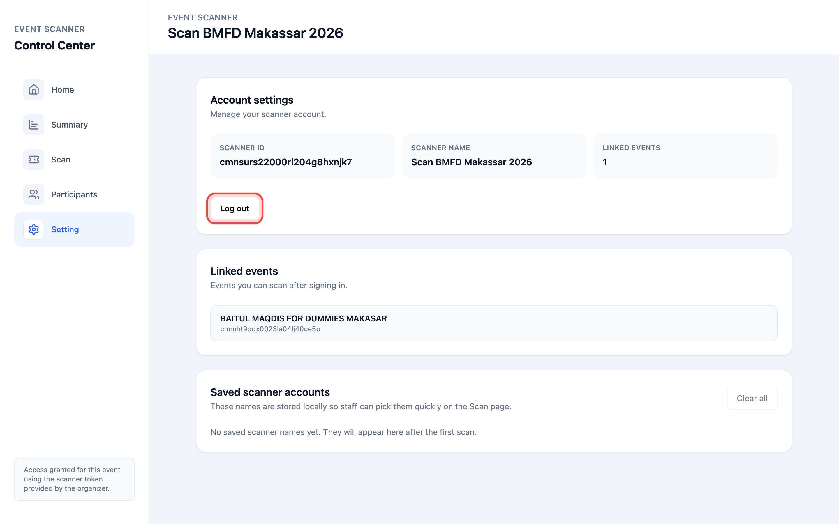 Tombol Log In Tombol Log out di section Account settings